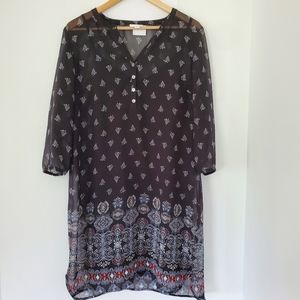 J. Jill MED Black Multi Paisley Print Sheer Dress Over Slip Lining Lightweight